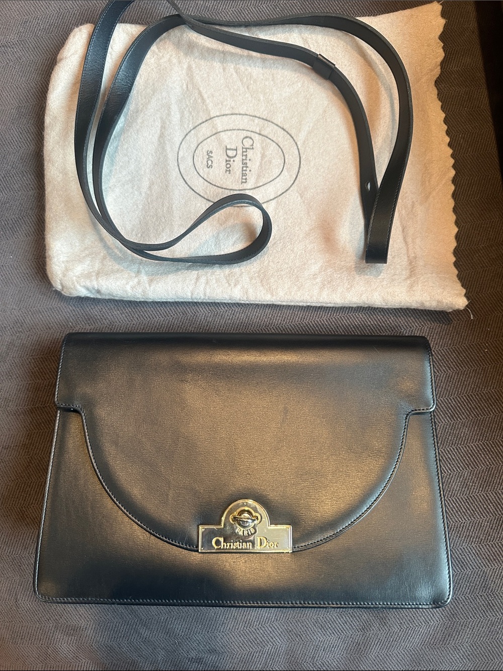Vintage Dior Black Leather Clutch with Gold-Tone Logo Accent with dust bag